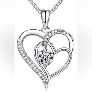 OR Old Rubin Clear CZ April Gemstone & 925 Sterling Silver Double Heart Necklace